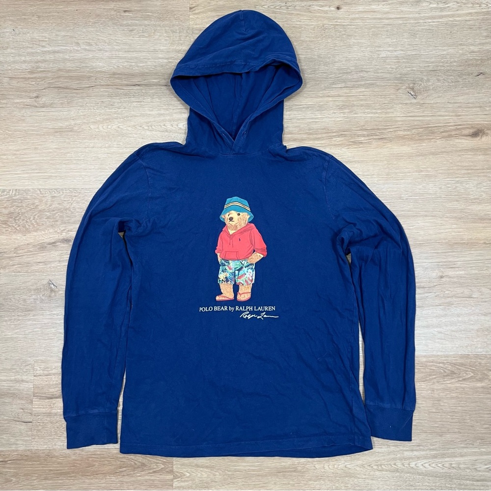 Polo Ralph Lauren Hoodie Men Large Blue Summer Polo Bear Beach Swim Pullover